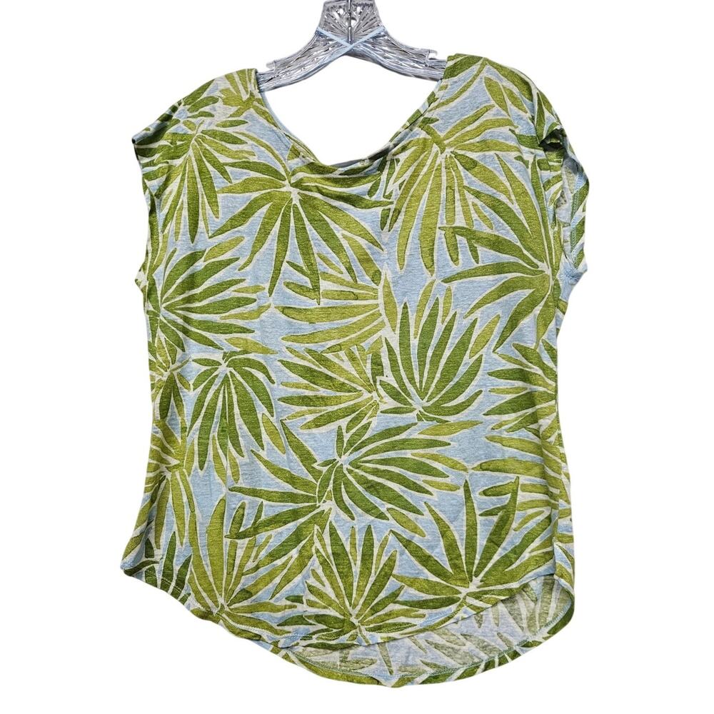 Sigrid Olsen Linen Large Tropical Palm Green Light Blue Boatneck Top